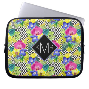 Orchid Begonia en Palm Leaves Monogram Laptop Sleeve