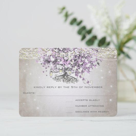 Orchid Blush Lavender Heart Leaf Tree Wedding RSVP (Debout devant)