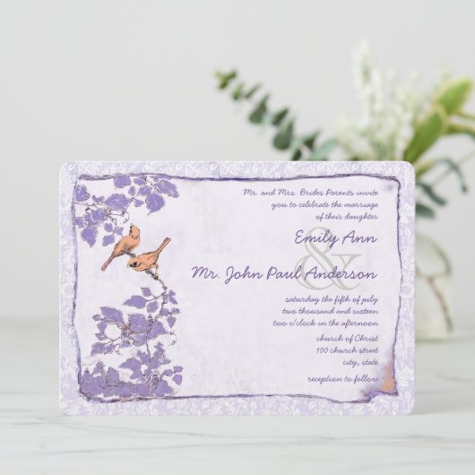 Orchid Love Bird Damask Wedding Invite Kaart (Staand voorkant)