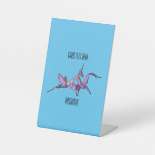 Orchid mantis cartoon illustratie reclamebord met voetstuk