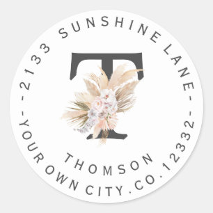 Orchid Pampas Grass Monogram Circular Address Ronde Sticker