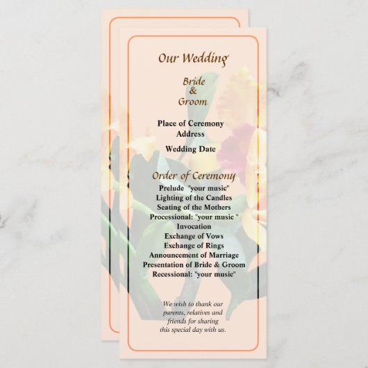 Orchid Persian Garden Wedding Programme Programma (Voorkant / Achterkant)