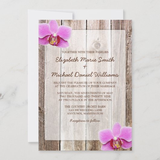 Orchid Rustic Barn Wood Wedding Invitations Kaart (Voorkant)