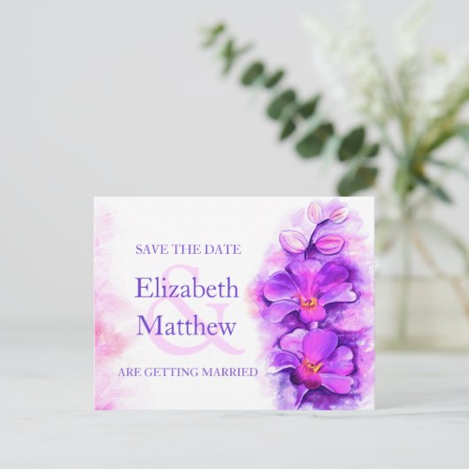 Orchidee geschilderd paarse bloem save the date ca aankondigingskaart (Staand voorkant)
