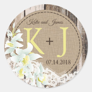 Orchidee Houten Kant Rustiek Monogram Bruiloft Lab Ronde Sticker