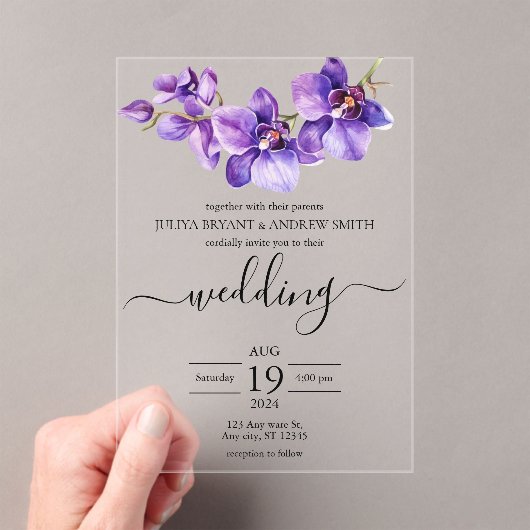 Orchidee paarse en witte Script bruiloft Acryl Uitnodigingen (Insitu (Draagbaar))