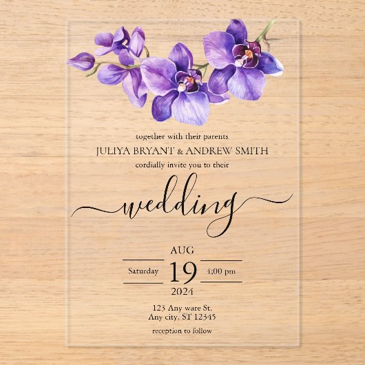 Orchidee paarse en witte Script bruiloft Acryl Uitnodigingen (Voorkant)