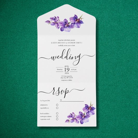 Orchidee paarse en witte Script bruiloft All In One Uitnodiging