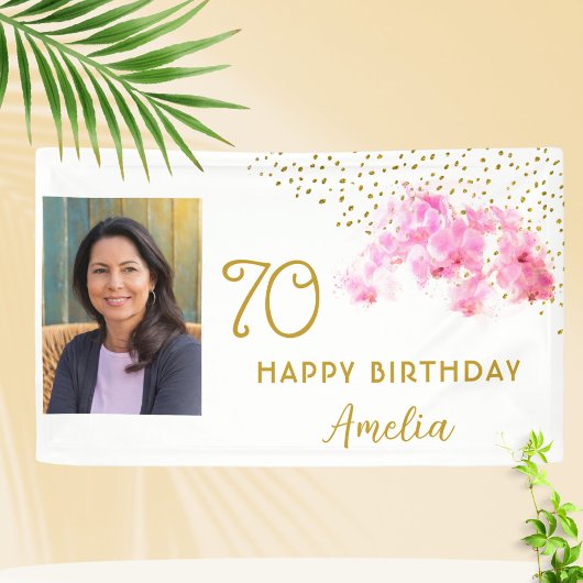 Orchidee Waterverf Gold Glitter 70e Verjaardag Fot Spandoek