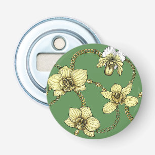 Orchideeën en kettingen, geel en geelgroen button flesopener