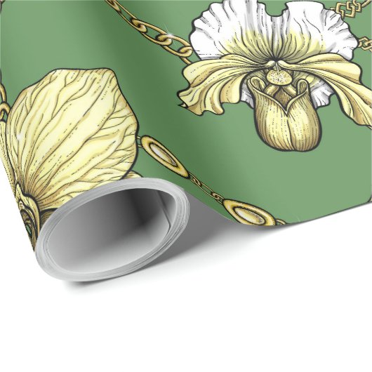 Orchideeën en kettingen, geel en geelgroen cadeaupapier (Rol Hoek)