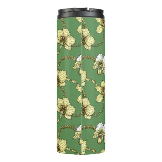 Orchideeën en kettingen, geel en geelgroen thermosbeker (Achterkant)