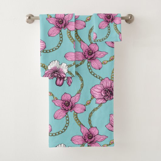 Orchideeën en kettingen, roze en blauw bad handdoek (Insitu)