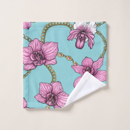 Orchideeën en kettingen, roze en blauw bad handdoek (Wasdoekje)