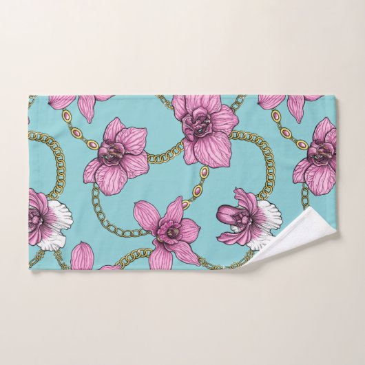 Orchideeën en kettingen, roze en blauw bad handdoek (Handdoek)
