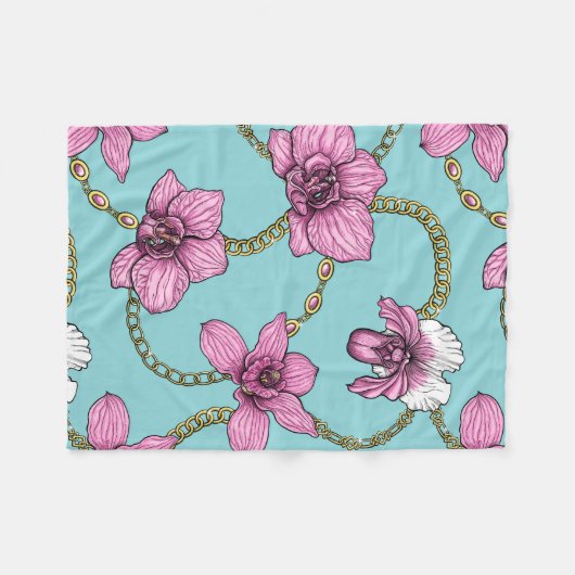 Orchideeën en kettingen, roze en blauw fleece deken (Voorkant (Horizontaal))