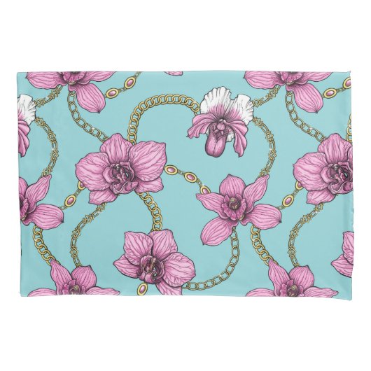 Orchideeën en kettingen, roze en blauw kussensloop (Voorkant-Links)