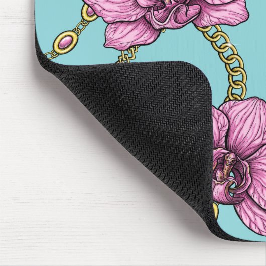 Orchideeën en kettingen, roze en blauw muismat (Hoek)