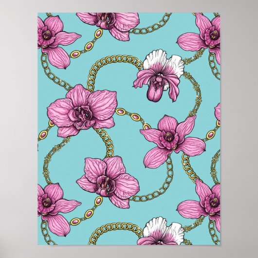 Orchideeën en kettingen, roze en blauw poster (Voorkant)