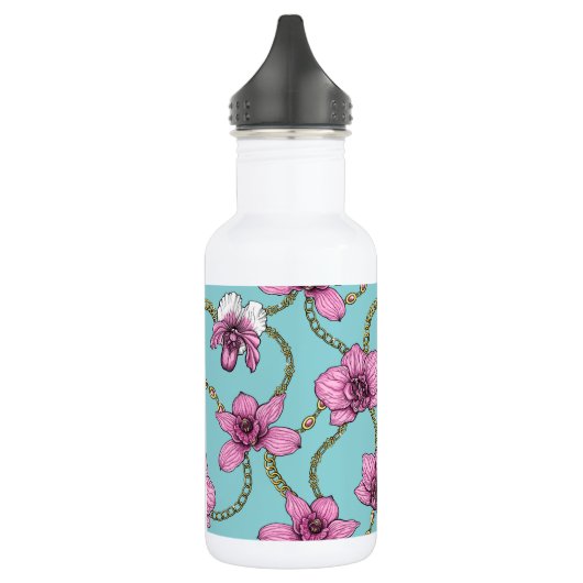 Orchideeën en kettingen, roze en blauw waterfles  (Links)