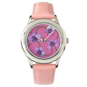 Orchideeën en kettingen, violet en roze horloge