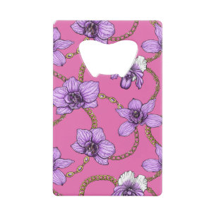 Orchideeën en kettingen, violet en roze kredietkaart flessenopener