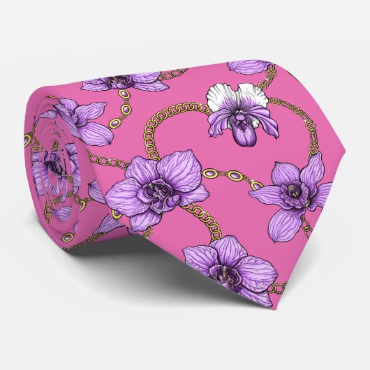 Orchideeën en kettingen, violet en roze stropdas (Opgerold)