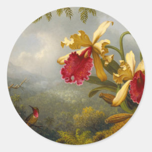 Orchideeën en kolibrie kop ronde sticker
