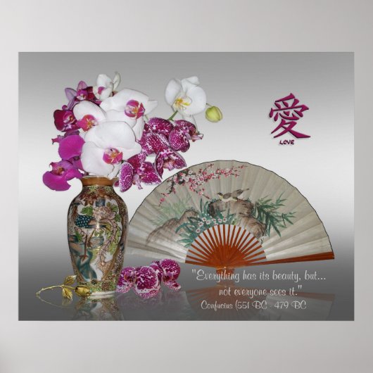 Orchideeën en Orientale verfventilator, Confucius  Poster (Voorkant)