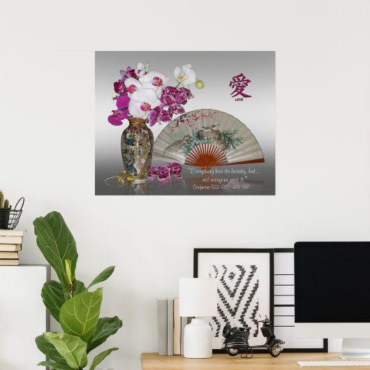 Orchideeën en Orientale verfventilator, Confucius  Poster (Thuiskantoor)