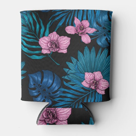 Orchideeën en palmbladeren, roze en blauw op zwart blikjeskoeler (Voorkant)