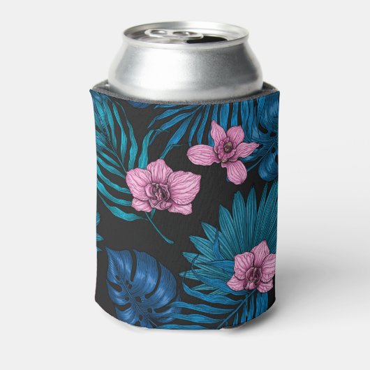 Orchideeën en palmbladeren, roze en blauw op zwart blikjeskoeler (Blikje Achterkant)