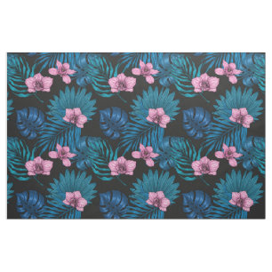 Orchideeën en palmbladeren, roze en blauw op zwart stof
