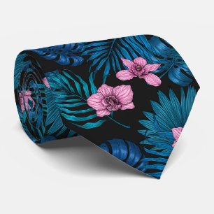 Orchideeën en palmbladeren, roze en blauw op zwart stropdas