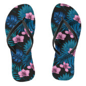 Orchideeën en palmbladeren, roze en blauw op zwart teenslippers (Voetbed)