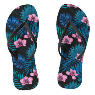 Orchideeën en palmbladeren, roze en blauw op zwart teenslippers