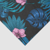 Orchideeën en palmbladeren, roze en blauw op zwart tissuepapier (Detail)
