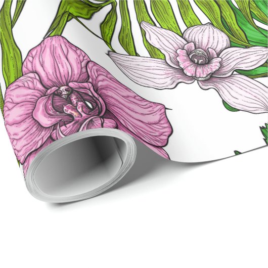 Orchideeën en palmbladeren, roze, geel, groen en w cadeaupapier (Rol Hoek)