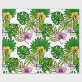 Orchideeën en palmbladeren, roze, geel, groen en w cadeaupapier (Vlak)