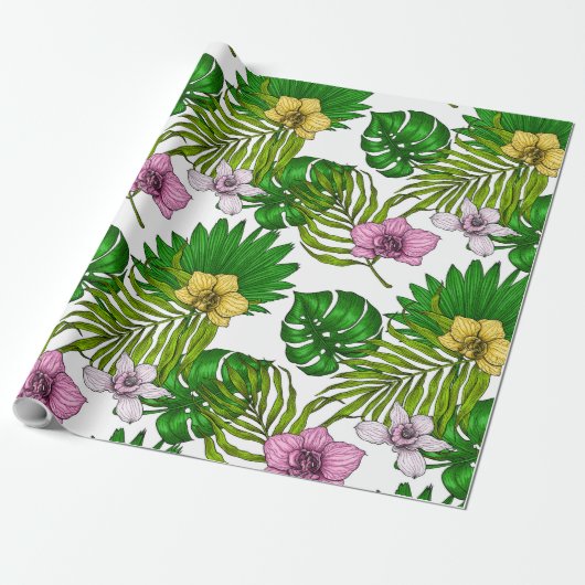 Orchideeën en palmbladeren, roze, geel, groen en w cadeaupapier (Uitgerold)