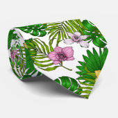 Orchideeën en palmbladeren, roze, geel, groen en w stropdas (Opgerold)