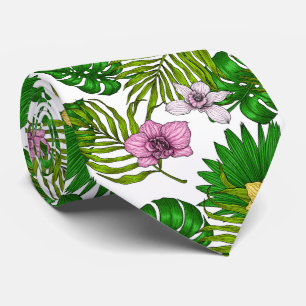 Orchideeën en palmbladeren, roze, geel, groen en w stropdas