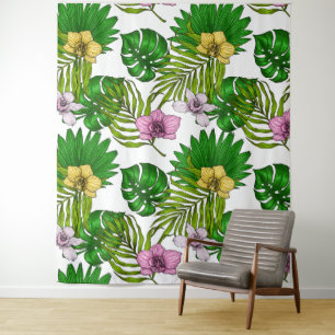 Orchideeën en palmbladeren, roze, geel, groen en w wandkleed