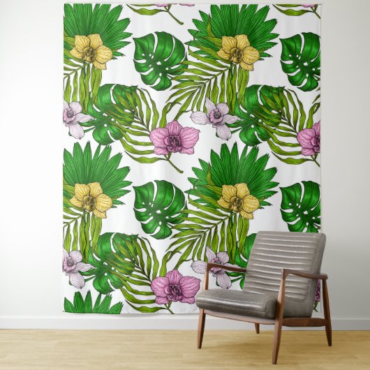 Orchideeën en palmbladeren, roze, geel, groen en w wandkleed (In situ)