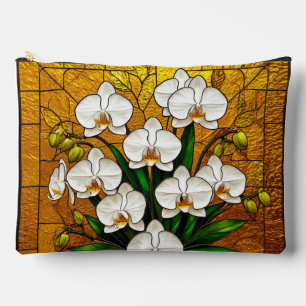 Orchideeën in een glas-in-loodkunstwerk met goud etui