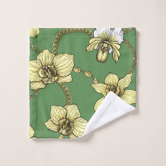 Orchidées et chaînes, jaune et vert kelly (Gant de toilette)