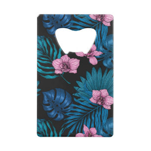 Orchidées et feuilles de palmiers, rose et bleu su