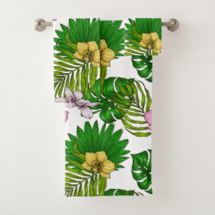 Orchidées et feuilles de palmiers, rose, jaune, ve