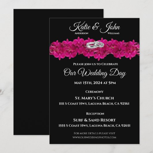 Orchidées faire-part de mariage-Fuchsia sur Black- (Devant / Derrière)