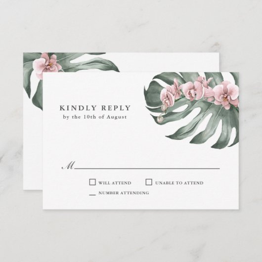 Orchidées roses sur Monstera Mariage tropical RSVP (Devant / Derrière)
